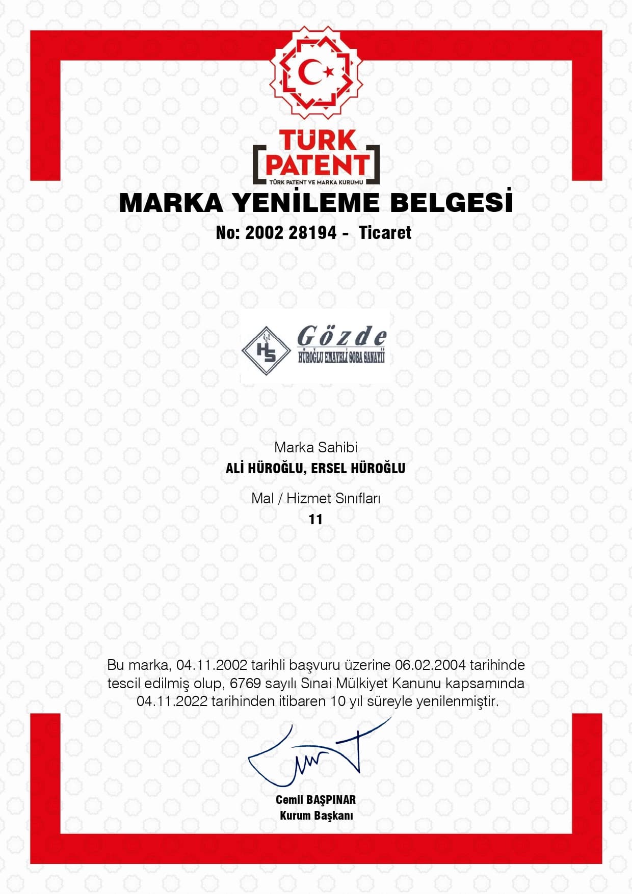 Gözde Marka Tescil Belgesi
