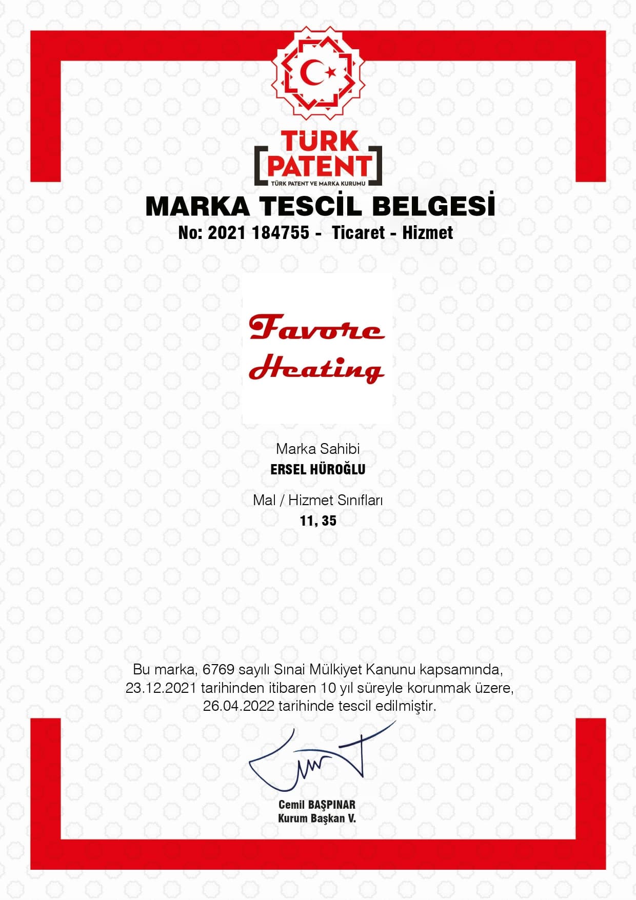 Favore Heating Marka Tescil Belgesi 